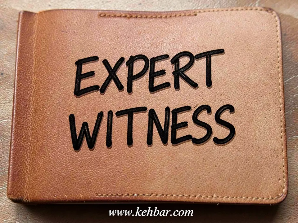 A wallet reading “Expert Witness” — Kehbar keeps the record, not the verdict
